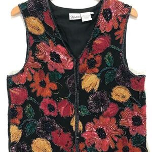 Styleworks Black Floral Beaded Vest V Neck Sleeveless Women's Large‎